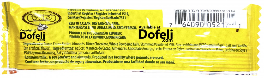 Sweet Dominican Rocky chocolate bar with milk and almonds, classic dessert by Cortés Hermanos.